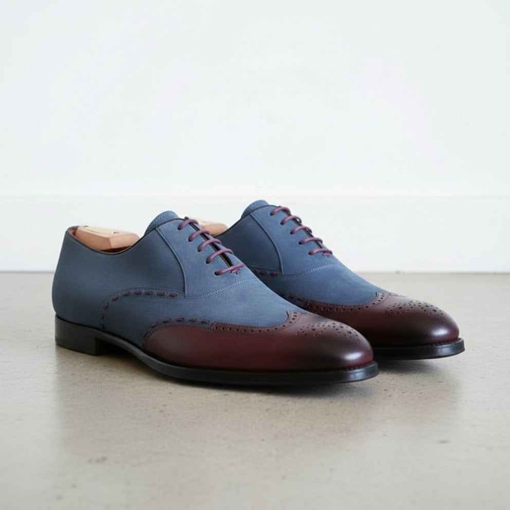 Handmade Men Two Tone Wing Tip Shoes, Blue and Brown Formal Dress Shoes