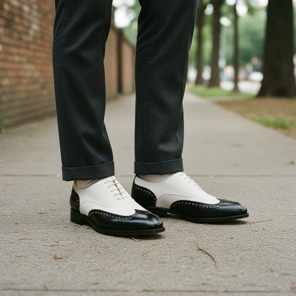 Handcrafted Men's Black and White Wingtip Dress Shoes