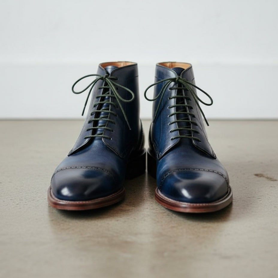 Handcrafted Men's Navy Blue Leather Ankle Boots