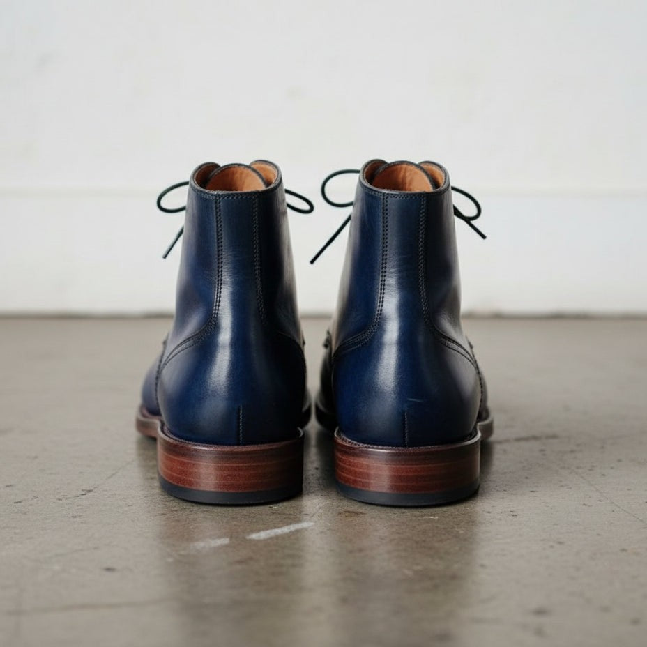 Handcrafted Men's Navy Blue Leather Ankle Boots