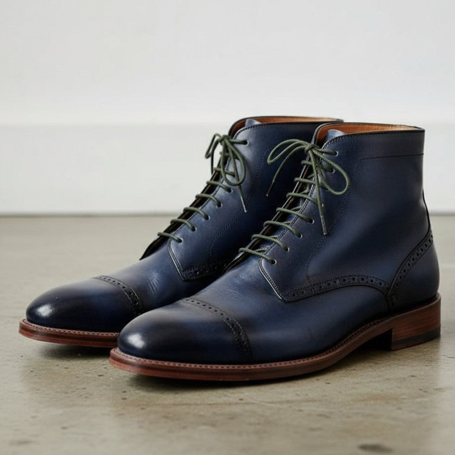 Handcrafted Men's Navy Blue Leather Ankle Boots
