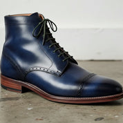 Handcrafted Men's Navy Blue Leather Ankle Boots