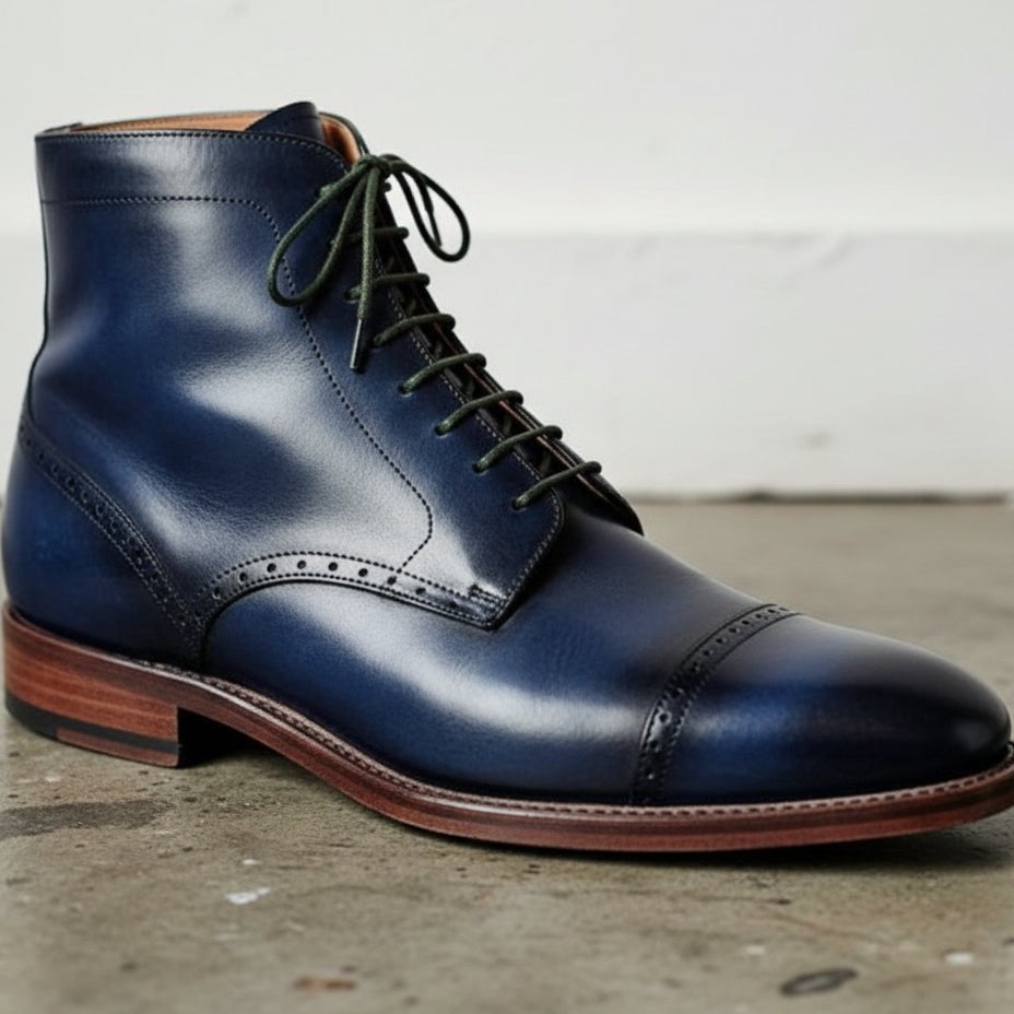 Handmade Men Navy blue Lace up Leather ankle boots, Blue leather dress boot  – Rebels Market
