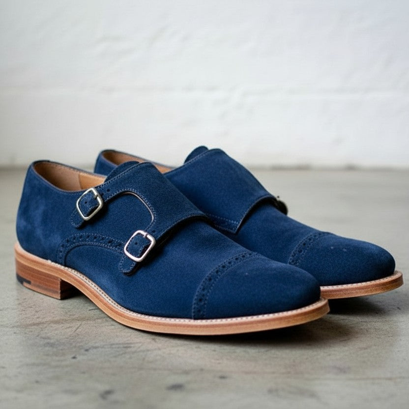 Handmade Men's Royal Blue Double Monk Party Shoes