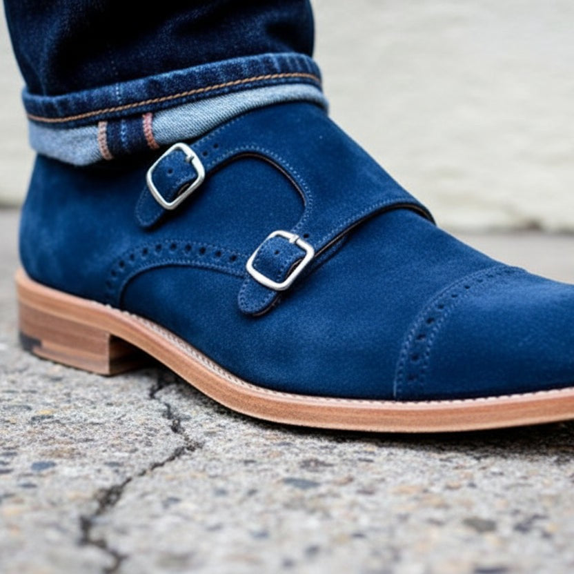 Handmade Men's Royal Blue Double Monk Party Shoes