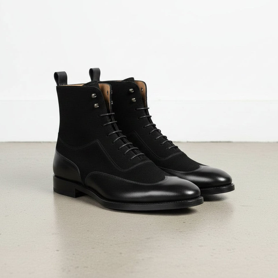 Men Fashion Black Color Wing Tip Ankle Boots, Suede and Leather Boot