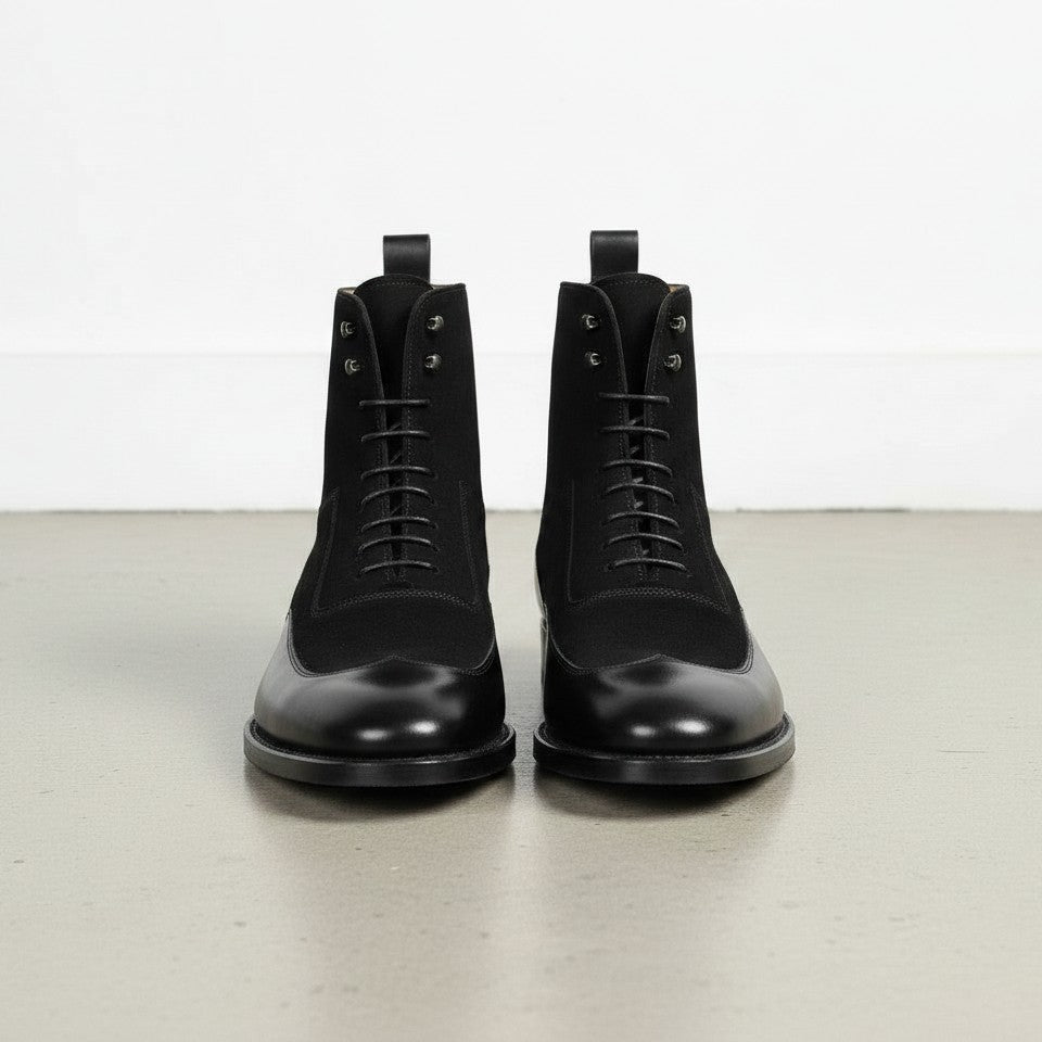 Men Fashion Black Color Wing Tip Ankle Boots, Suede and Leather Boot