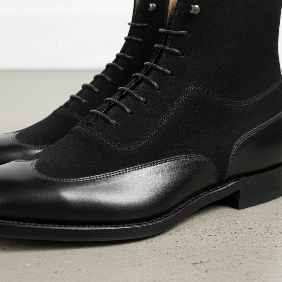 Men Fashion Black Color Wing Tip Ankle Boots, Suede and Leather Boot