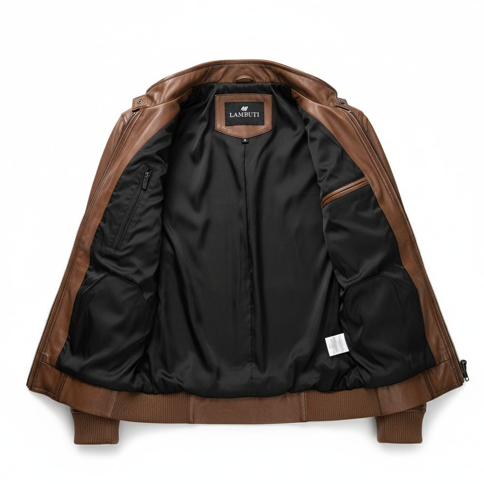 Handmade Mens Brown Genuine Sheep Leather  Motocycle Jacket