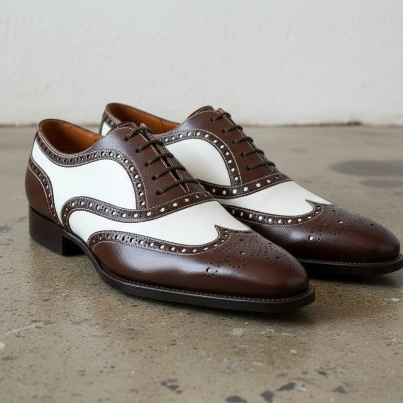 Handcrafted Brown and White Leather Spectator Shoes for Men