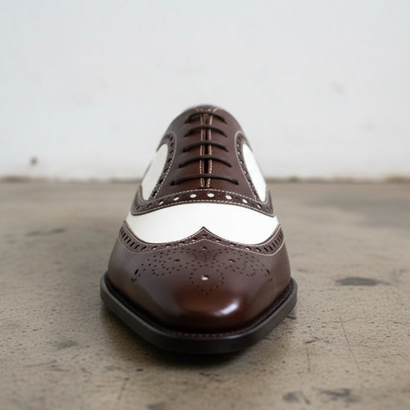 Handcrafted Brown and White Leather Spectator Shoes for Men