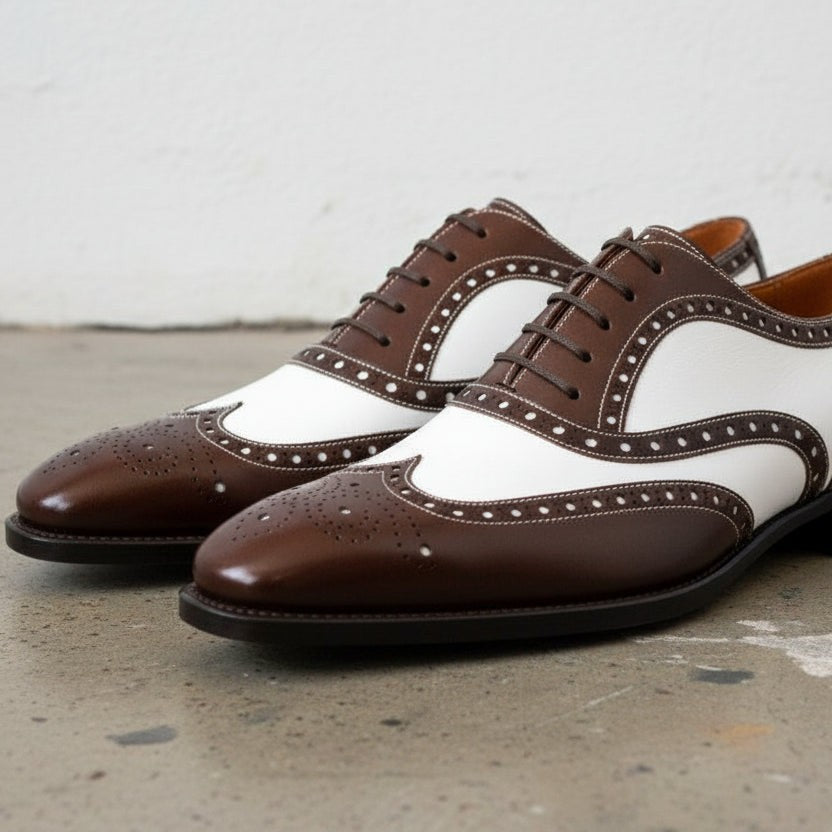 Handcrafted Brown and White Leather Spectator Shoes for Men