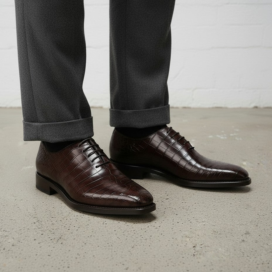 Handmade Mens Brown Alligators Print Dress Shoes, Men Brown Formal Shoes