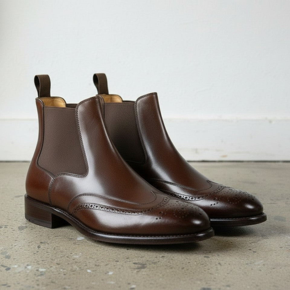 Men's Brown Wingtip Brogue Leather Chelsea Dress Boots