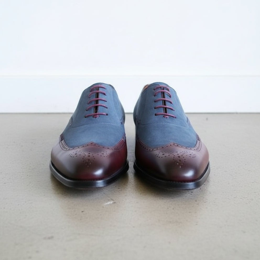 Handmade Men Two Tone Wing Tip Shoes, Blue and Brown Formal Dress Shoes