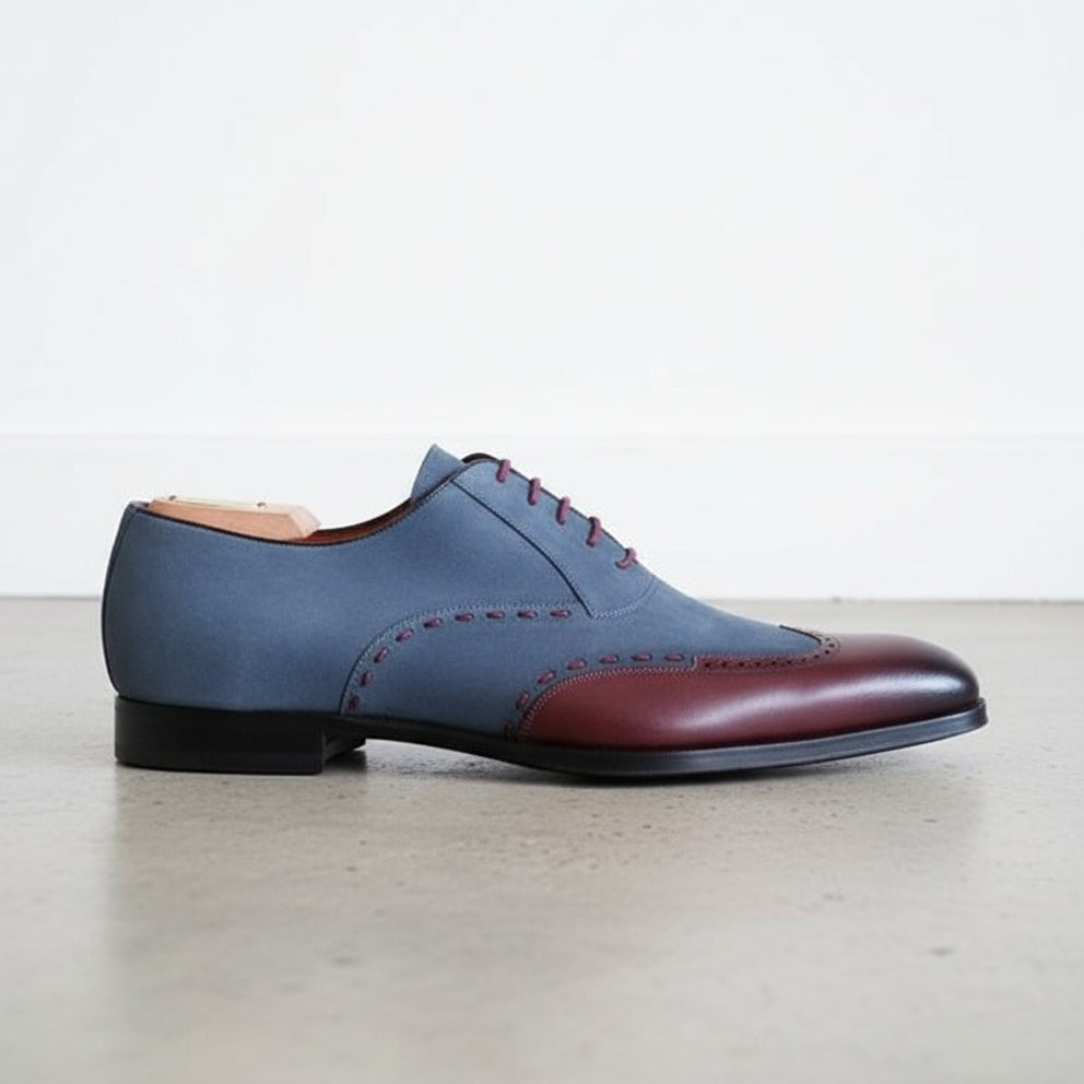 Handmade Men Two Tone Wing Tip Shoes, Blue and Brown Formal Dress Shoes