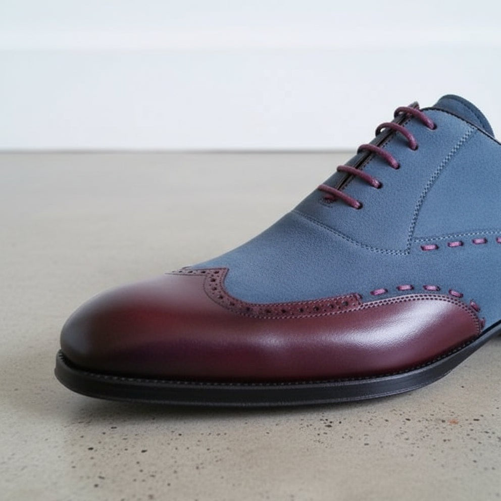 Handmade Men Two Tone Wing Tip Shoes, Blue and Brown Formal Dress Shoes