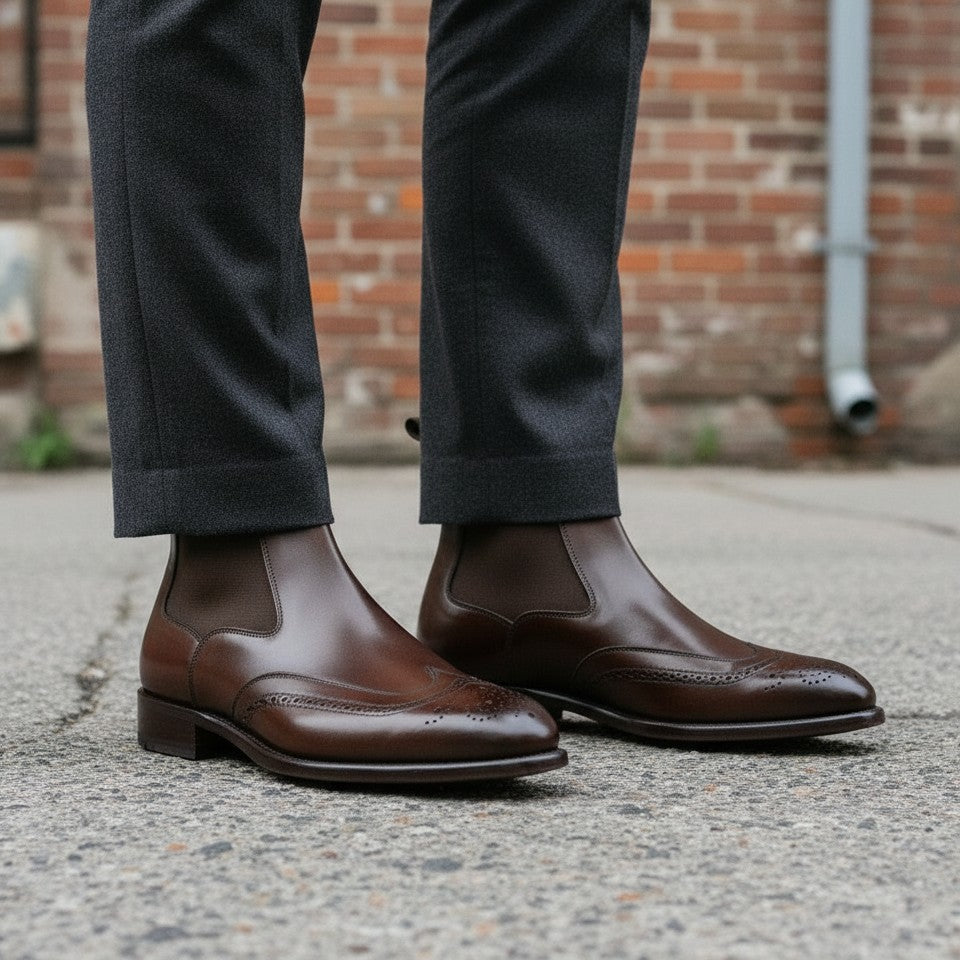 Men's Brown Wingtip Brogue Leather Chelsea Dress Boots