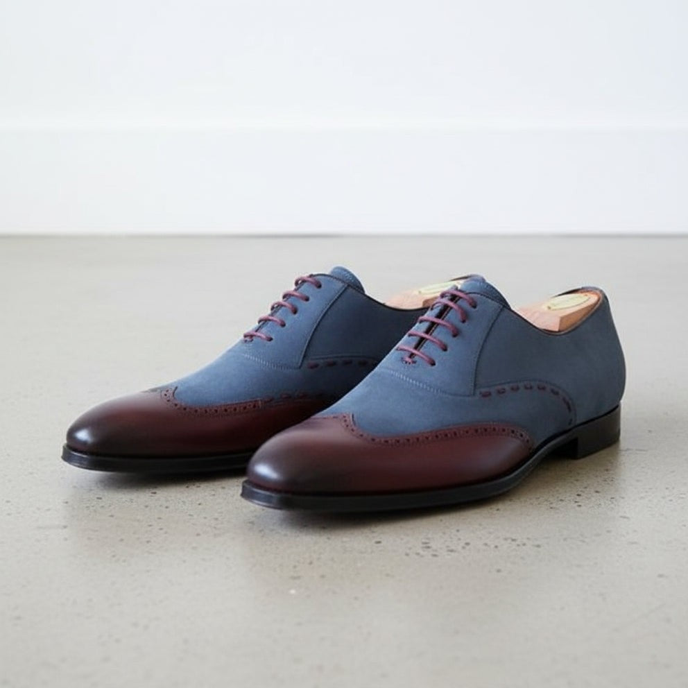 Handmade Men Two Tone Wing Tip Shoes - Blue and Brown Formal Dress Shoes