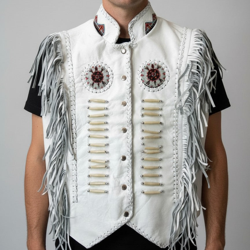 Handmade Men’s White Suede Western Leather Fringe Vest
