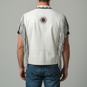 Handmade Men’s White Suede Western Leather Fringe Vest