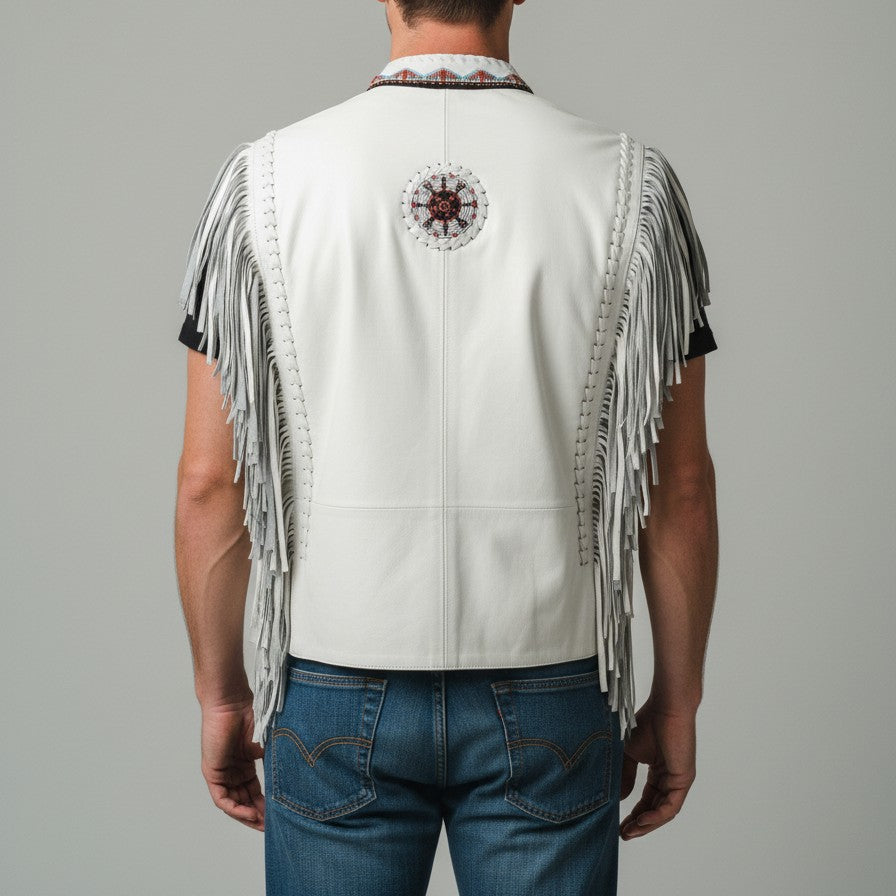 Handmade Men’s White Suede Western Leather Fringe Vest