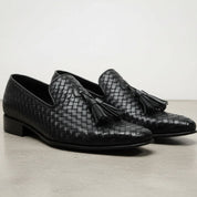 Handcrafted Black Leather Knitted Dress Shoes for Men