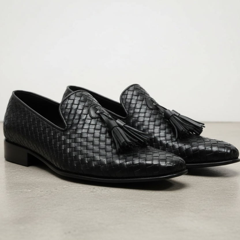 Handcrafted Black Leather Knitted Dress Shoes for Men