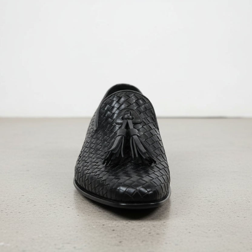 Handcrafted Black Leather Knitted Dress Shoes for Men