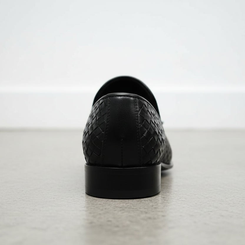 Handcrafted Black Leather Knitted Dress Shoes for Men