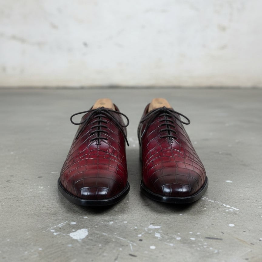 Men's Burgundy Lace-up Crocodile Pattern Dress Shoes