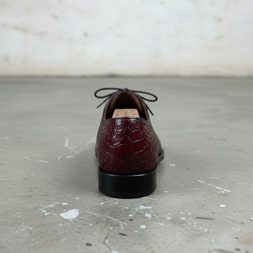 Men's Burgundy Lace-up Crocodile Pattern Dress Shoes