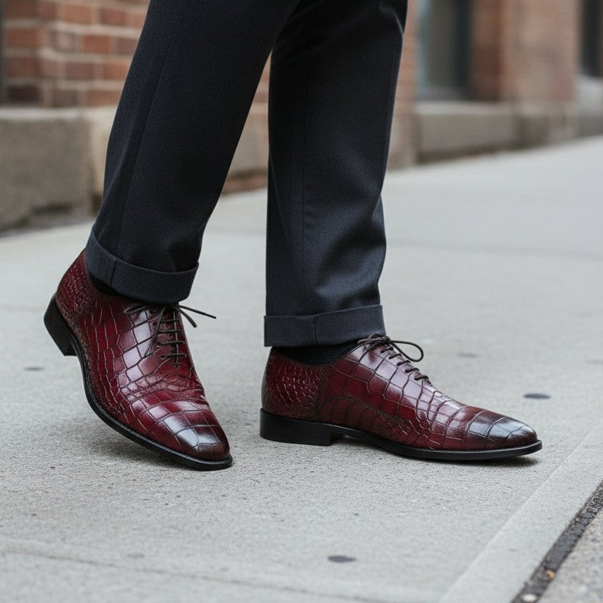 Men's Burgundy Lace-up Crocodile Pattern Dress Shoes