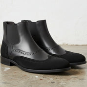 Handcrafted Men's Black Leather Chelsea Boots with Wingtip Brogue Detailing
