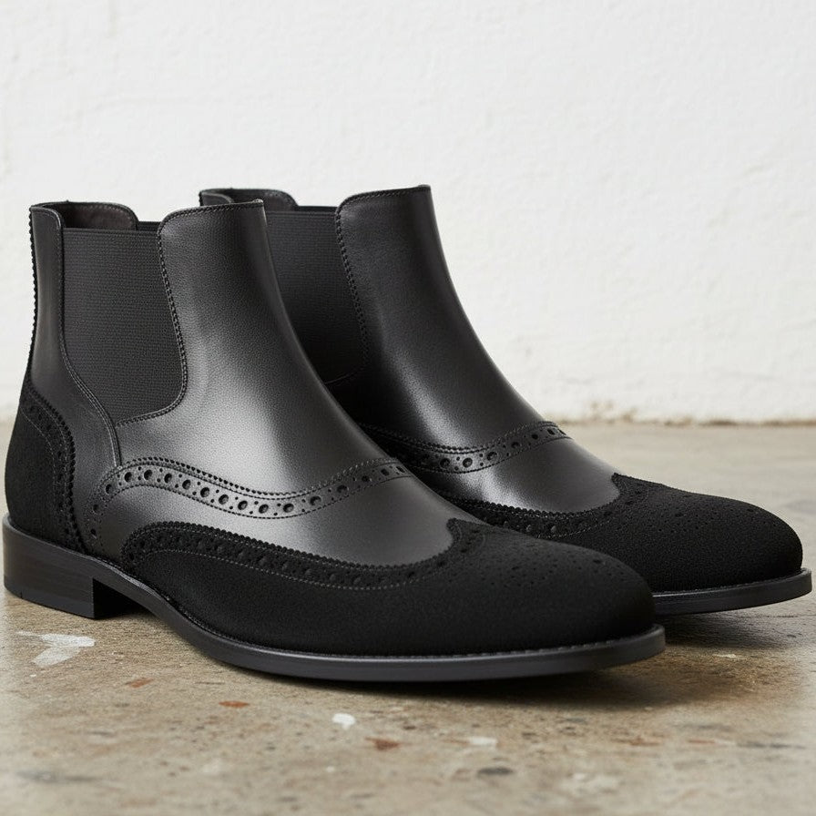 Handcrafted Men's Black Leather Chelsea Boots with Wingtip Brogue Detailing