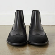 Handcrafted Men's Black Leather Chelsea Boots with Wingtip Brogue Detailing