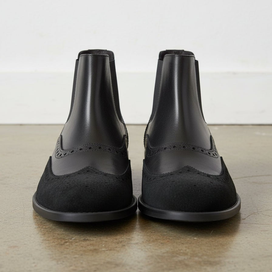 Handcrafted Men's Black Leather Chelsea Boots with Wingtip Brogue Detailing
