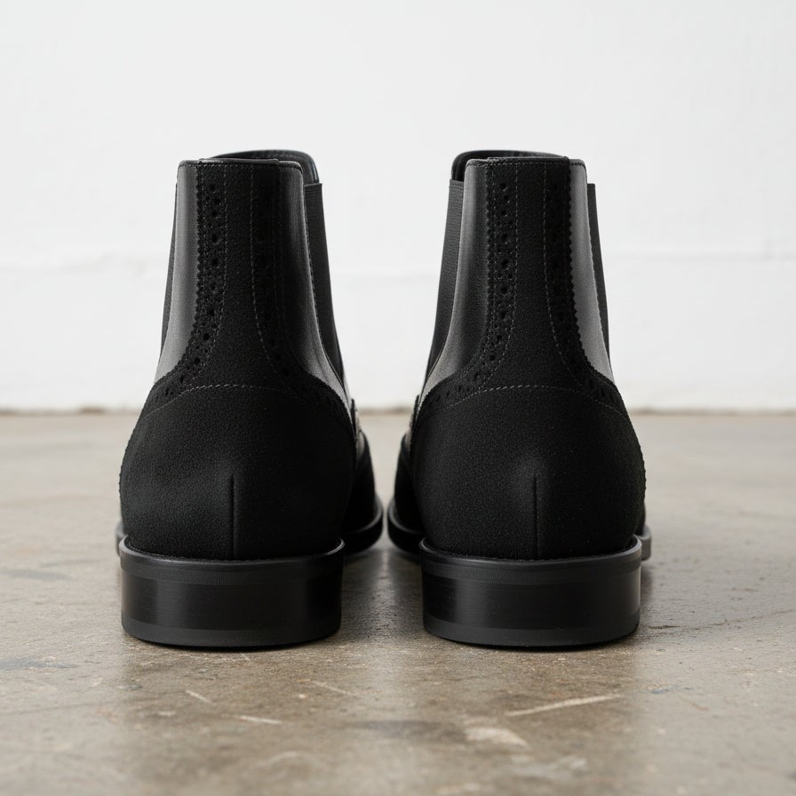 Handcrafted Men's Black Leather Chelsea Boots with Wingtip Brogue Detailing