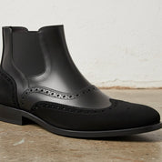 Handcrafted Men's Black Leather Chelsea Boots with Wingtip Brogue Detailing
