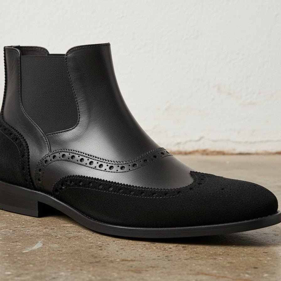 Handcrafted Men's Black Leather Chelsea Boots with Wingtip Brogue Detailing