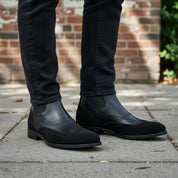 Handcrafted Men's Black Leather Chelsea Boots with Wingtip Brogue Detailing