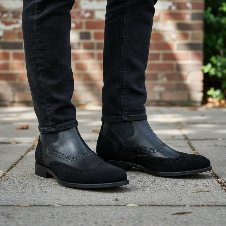 Handcrafted Men's Black Leather Chelsea Boots with Wingtip Brogue Detailing