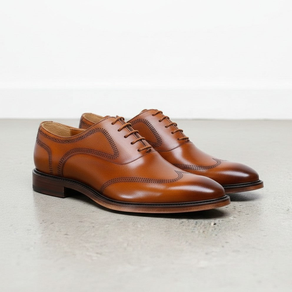 Handmade Men’s Tan Leather Oxford Shoes, Wingtip Dress Shoes for Men