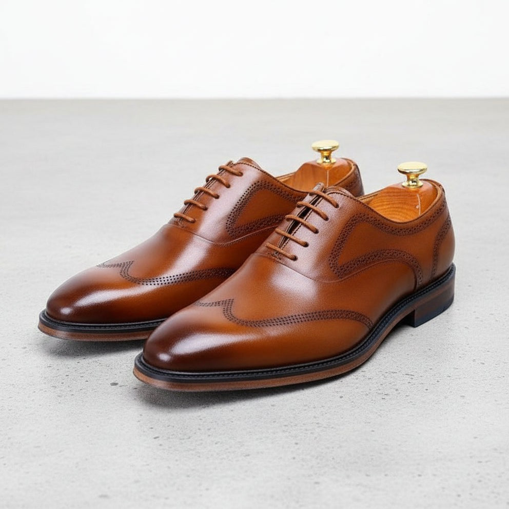 Handmade Men’s Tan Leather Oxford Shoes, Wingtip Dress Shoes for Men