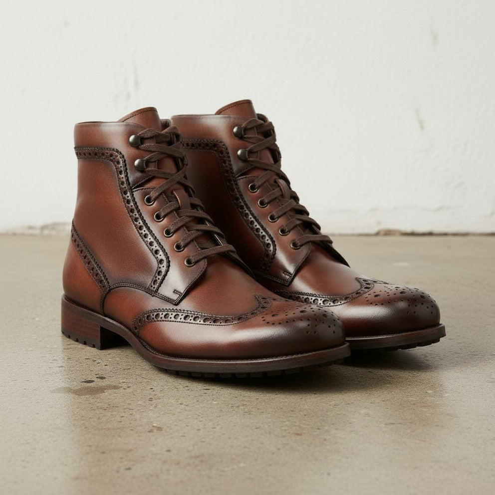 Handcrafted Men's Wing Tip Brogue Lace-Up Boot in Brown