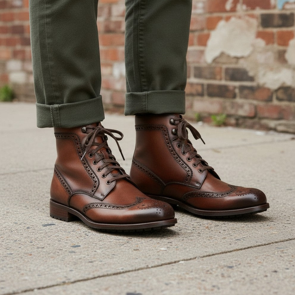 Handcrafted Men's Wing Tip Brogue Lace-Up Boot in Brown
