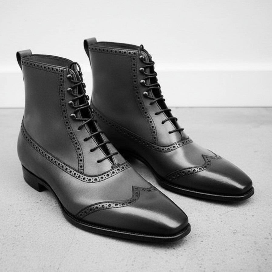 black wingtip dress boots Men Brogue Derby Leather the Wingtip Brogue Boot reaches its most authoritative form Men's Black Wingtip Leather Ankle
