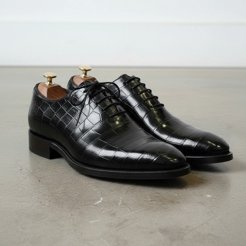 Handmade Men's Leather Shoes, Black Crocodile Patterned Dress Shoes