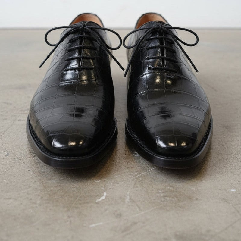 Handmade Men's Leather Shoes, Black Crocodile Patterned Dress Shoes
