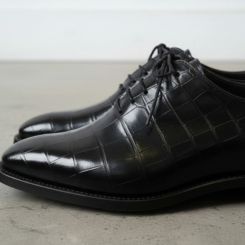 Handmade Men's Leather Shoes, Black Crocodile Patterned Dress Shoes